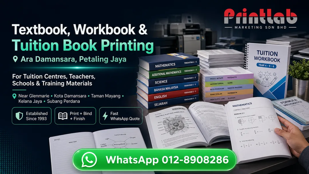 Textbook workbook study aids and tuition book printing service in Ara Damansara PJ by Printlab for tuition centres teachers schools trainers and education businesses near Glenmarie Kota Damansara Kelana Jaya