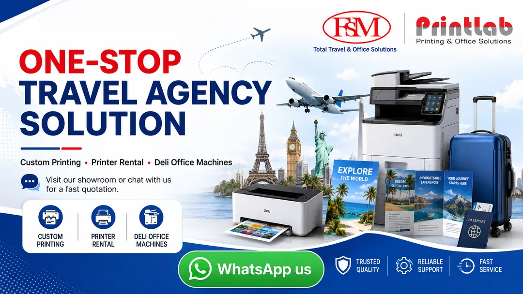 Travel agency custom printing printer rental and Deli office machine solutions by FSM Solution and Printlab Kuala Lumpur