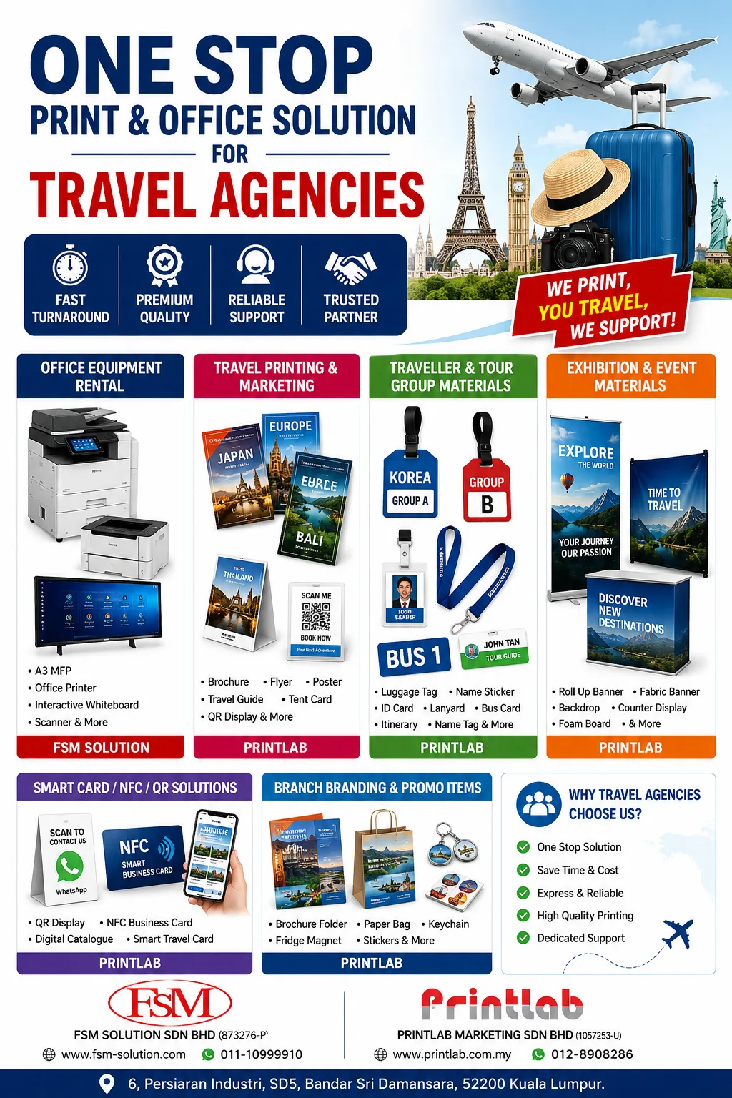 Travel agency one-stop solution in Kuala Lumpur for custom printing, printer rental and Deli office machines by FSM Solution and Printlab Marketing, with showroom support and WhatsApp quotation service.